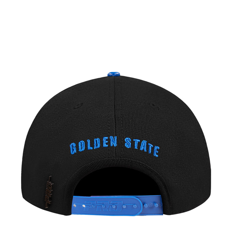 Black snapback cap back view with blue 'Golden State' embroidery and adjustable strap