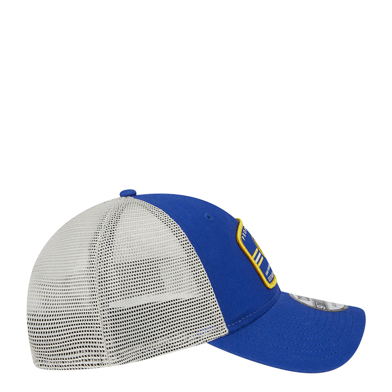 Blue-and-white trucker cap with white mesh back and side; curved brim, adjustable.