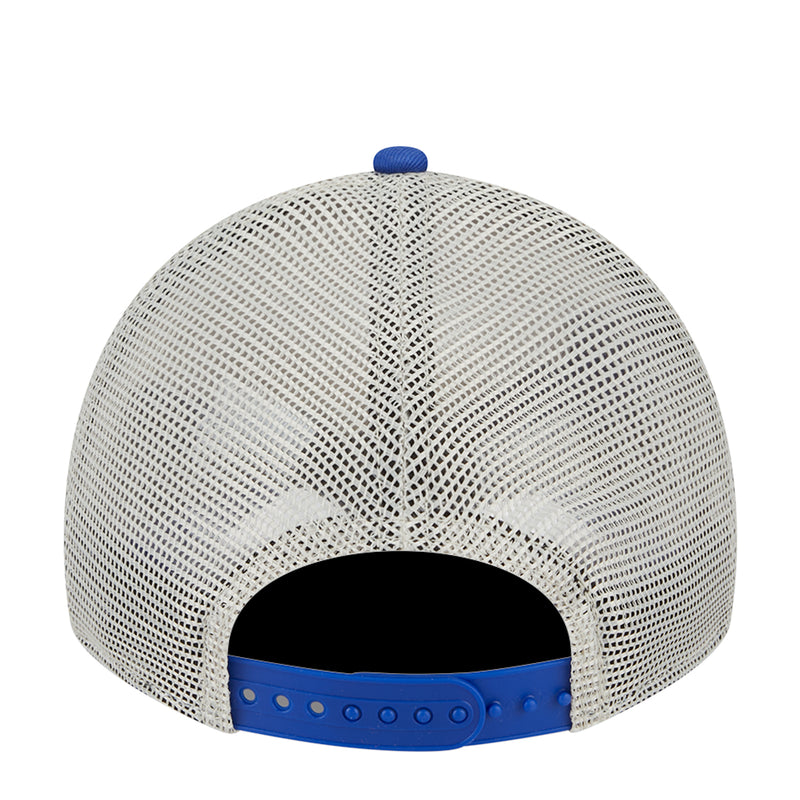 Back of blue-and-white trucker cap with white mesh panels and blue snapback strap.
