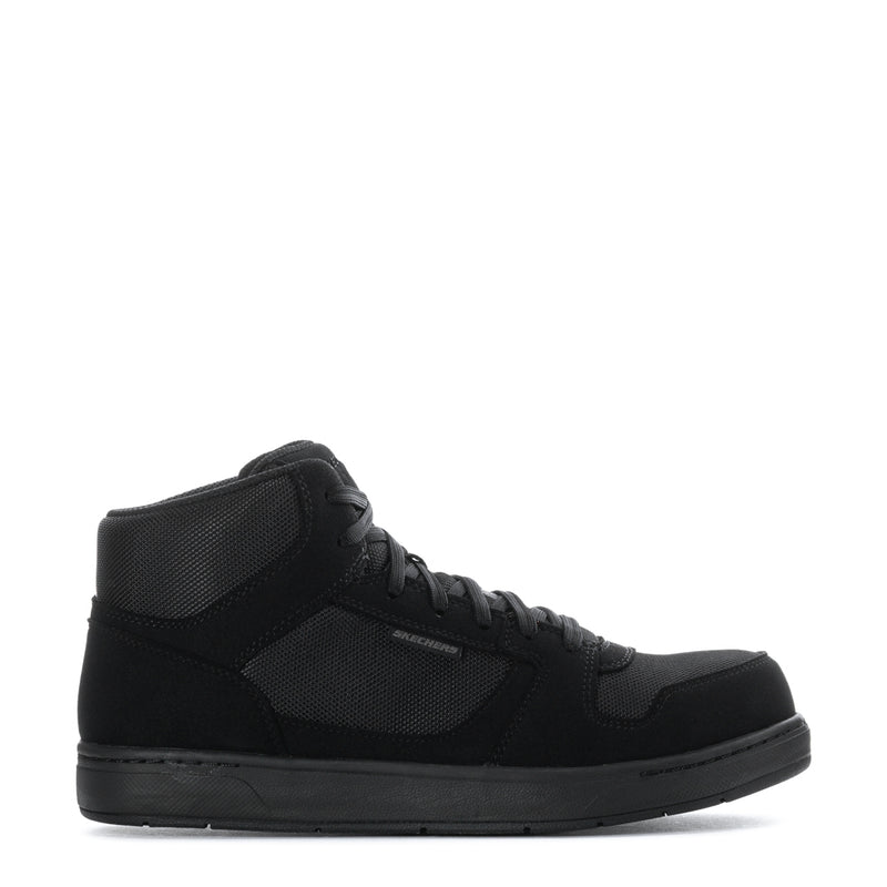 Men's black composite-toe high-top work boot with lace-up closure and textured panels