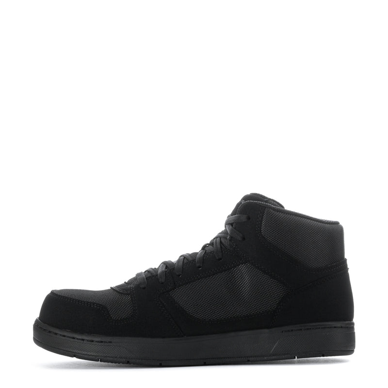 Men's black lace-up high-top work boot, side profile with padded collar