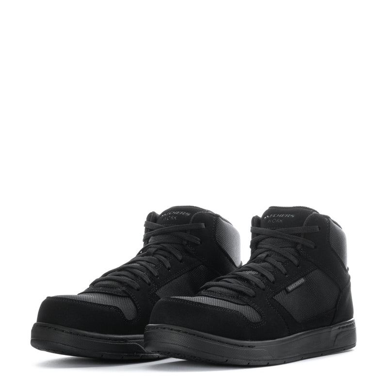 Pair of men's black lace-up high-top work boots with textured uppers and toe caps