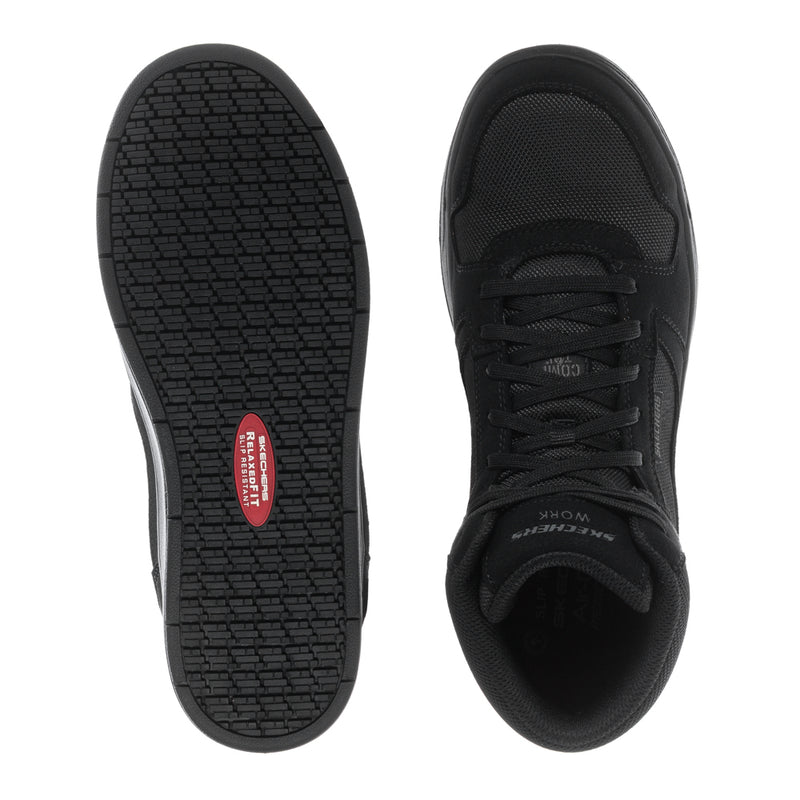 Men's black high-top boot outsole and instep view, showing tread and padded collar