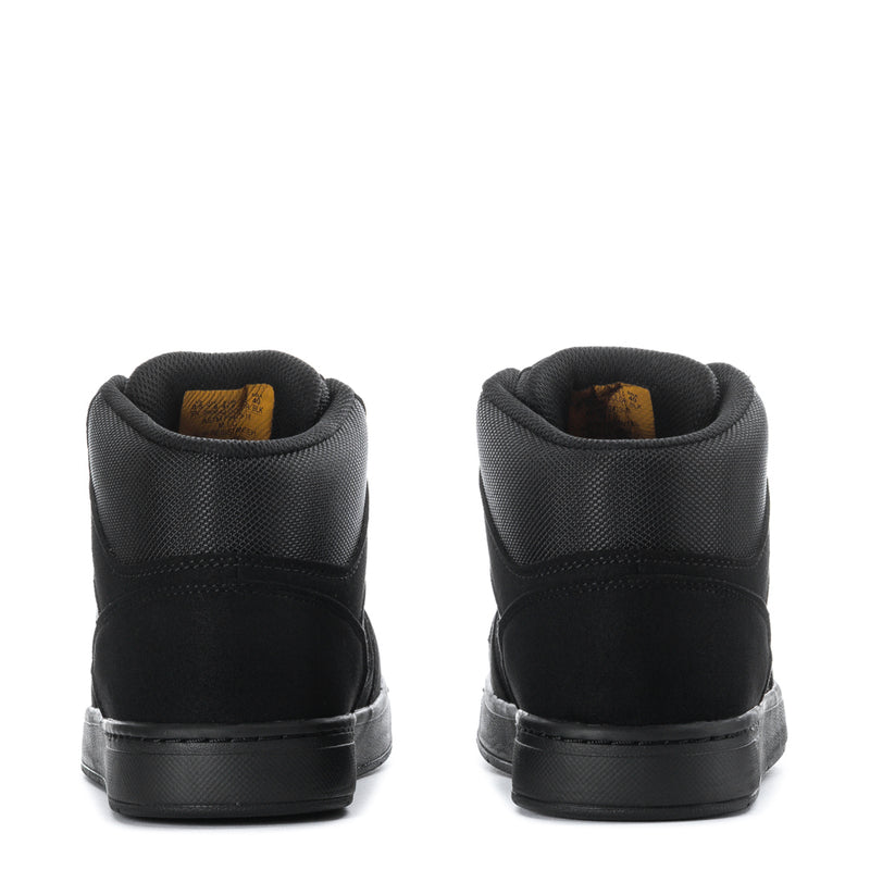 Men's black high-top work boot heel view with padded back and black outsole