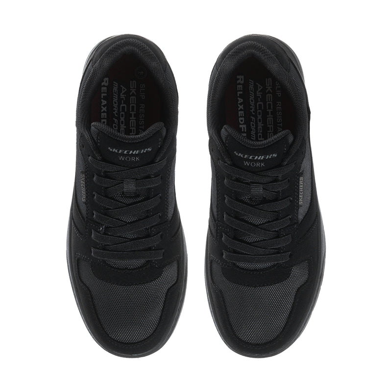 Pair of black slip-resistant sneakers showing padded collars, laces, and inner lining