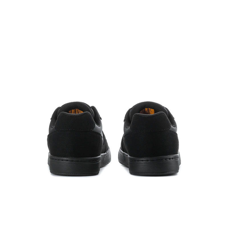 Black slip-resistant sneakers, back view with padded heel and stitched midsole