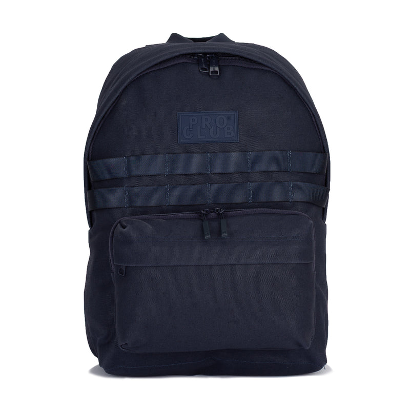 Waxed canvas day pack in navy, front zipper pocket and webbing straps
