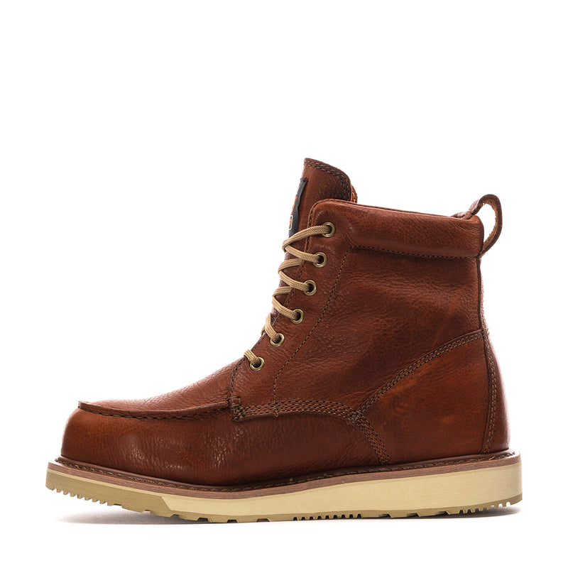 Rust brown men’s lace-up wedge boot with side panel stitching and tan outsole