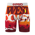 Men's boxer shorts, orange-red tropical graphic with palm trees and skyline, PSD