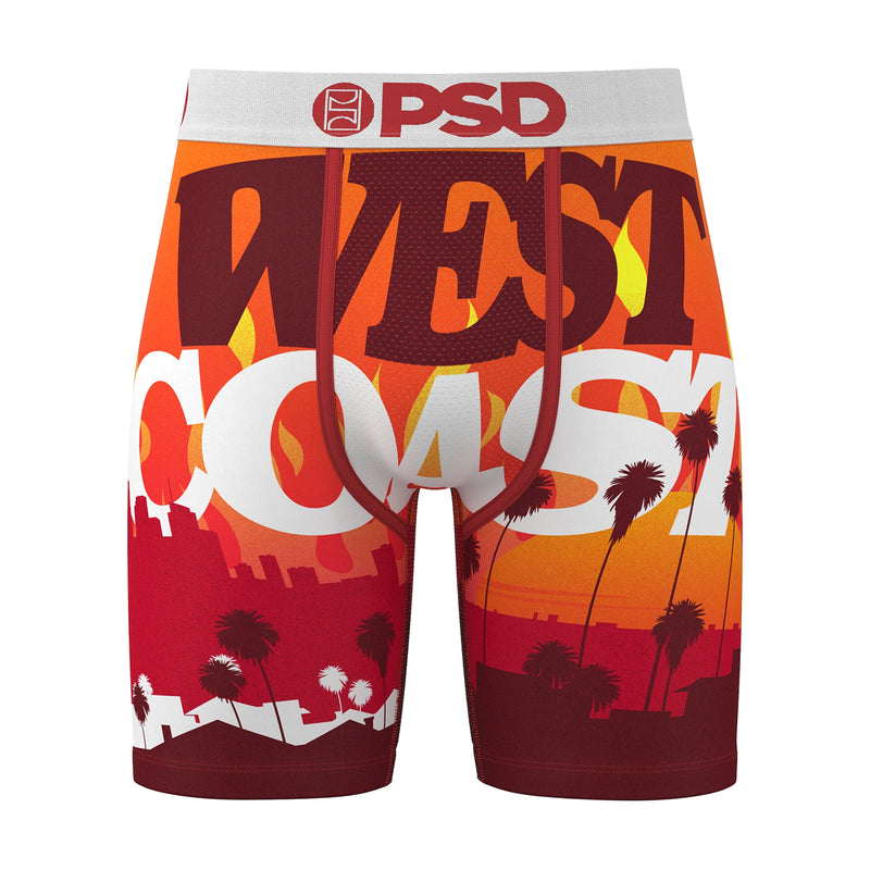 Men's boxer shorts, orange-red tropical graphic with palm trees and skyline, PSD