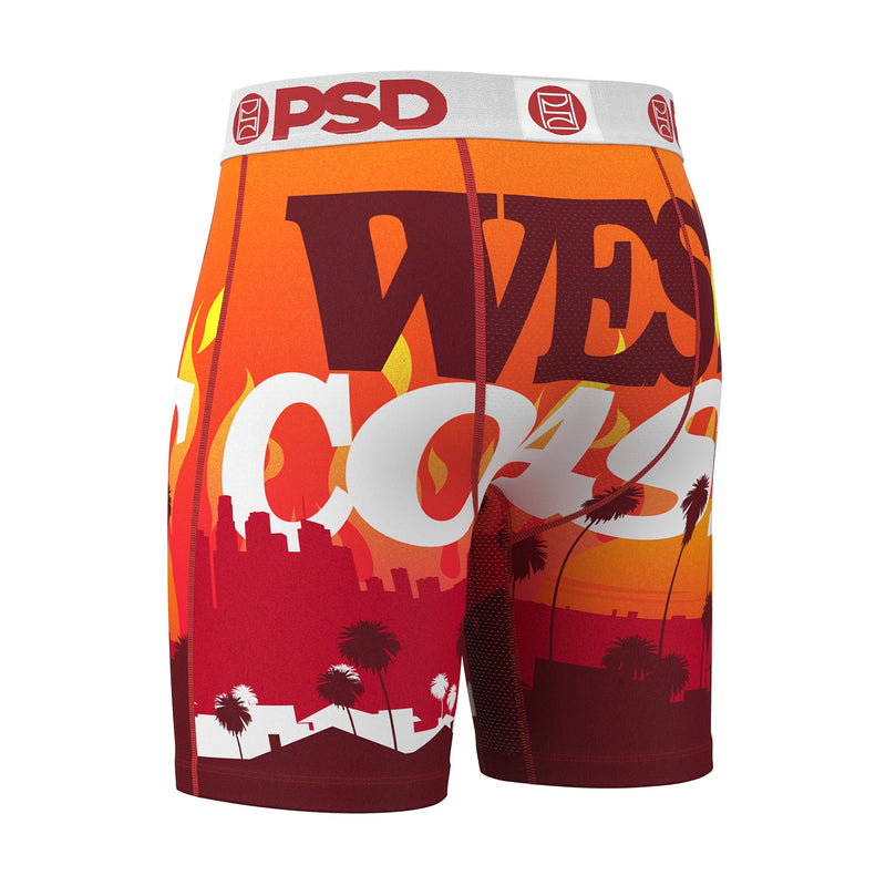 Men's boxer shorts, orange-red with large WEST COAST text and palm silhouettes
