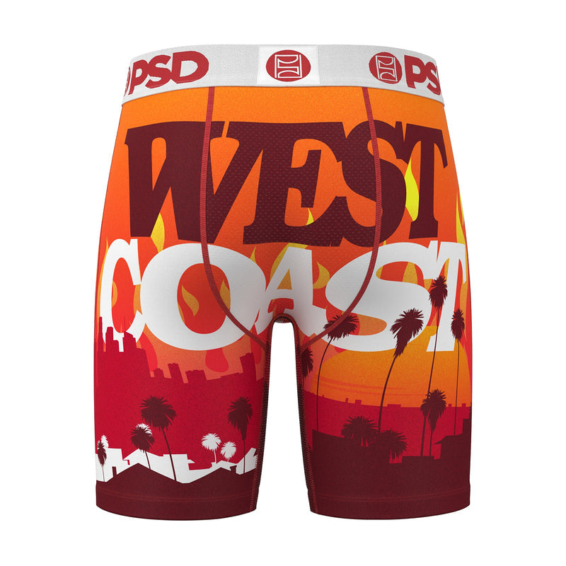 Men's boxer shorts, orange-red tropical scene with palms and sunset gradient, PSD waistband