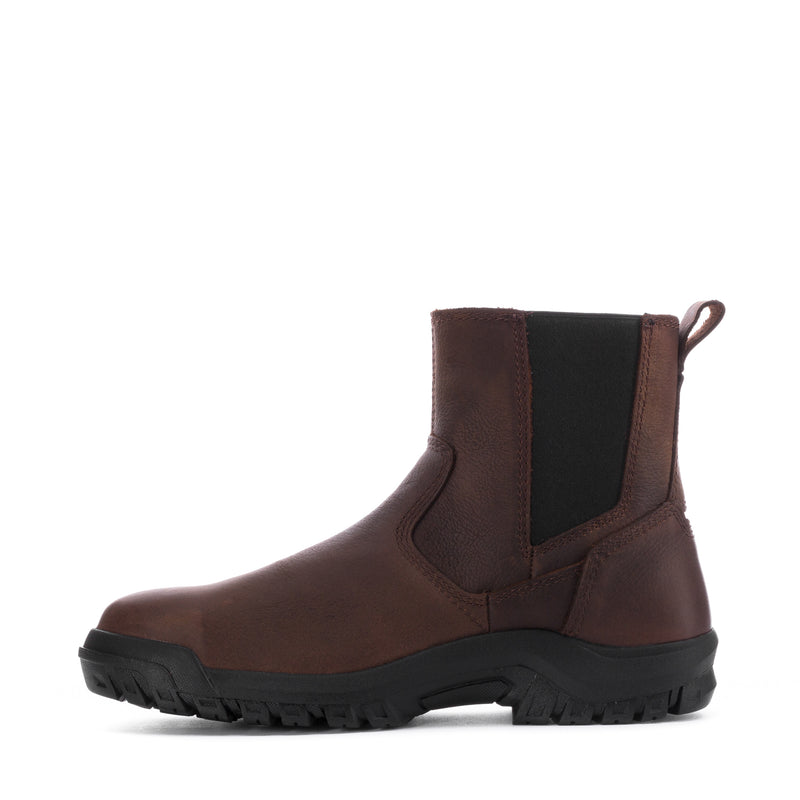 Clay brown mens steel-toe chelsea boot, side profile with elastic gore and tread sole