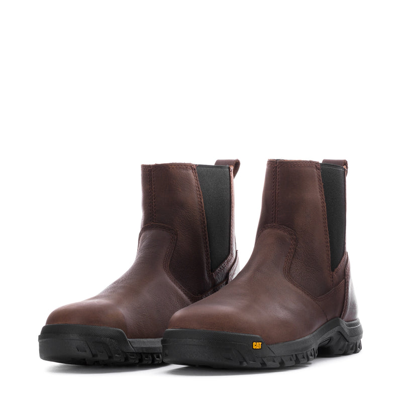 Pair of clay brown mens steel-toe chelsea boots, elastic side panels and rugged sole