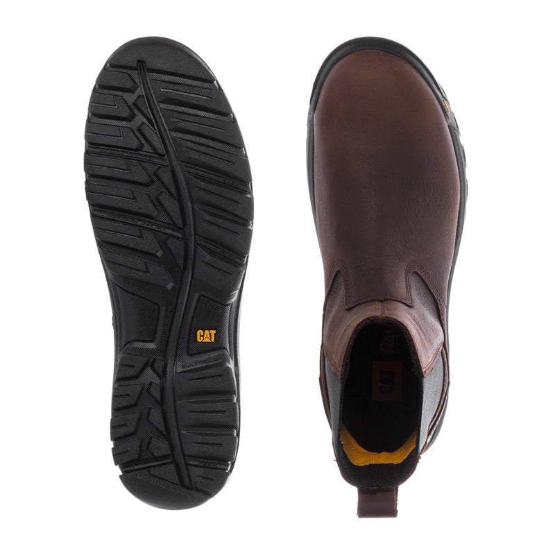 Steel-toe chelsea boot outsole and boot opening view, black tread with CAT logo