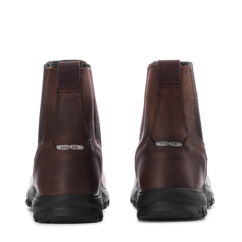 Clay brown mens steel-toe chelsea boot heel view with steel-toe label and black sole