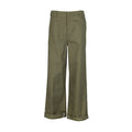 Women’s wide-leg pants in military green, belt loops and front pockets, straight wide legs.