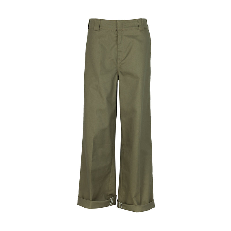 Women’s wide-leg pants in military green, belt loops and front pockets, straight wide legs.