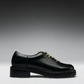 Black leather shoe on a gray background