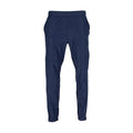 Men's navy wind pants with elastic waistband and tapered legs