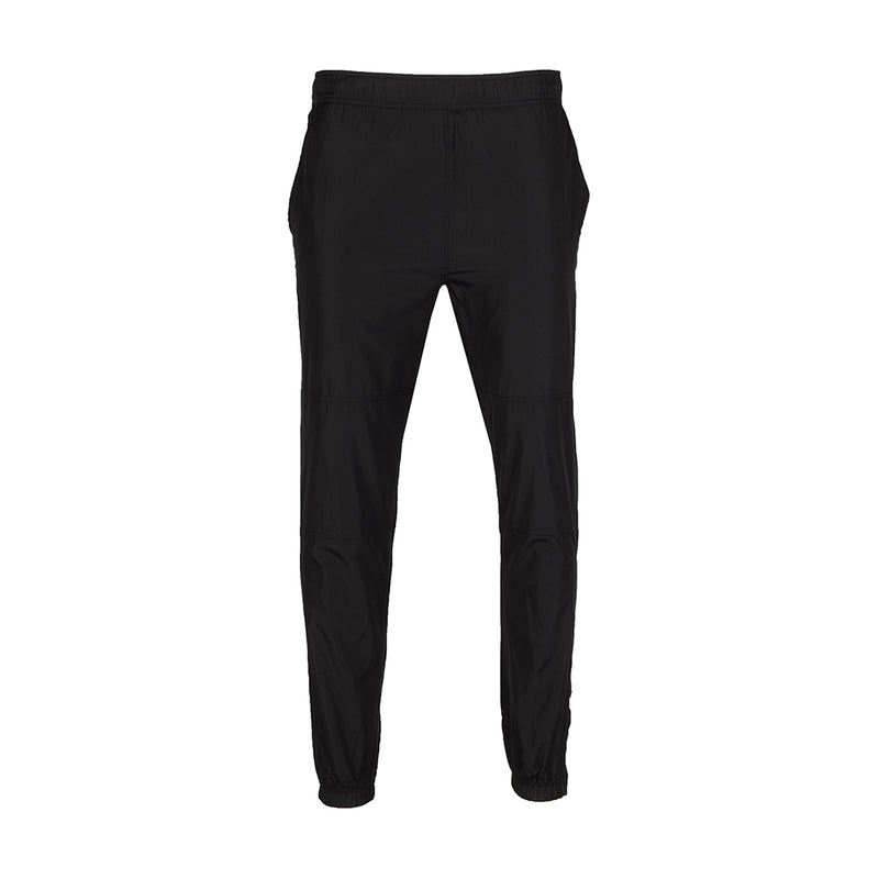 Black wind pants with elastic waistband and tapered legs