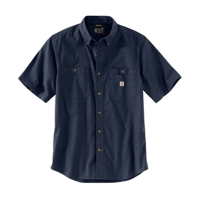 Men's navy short-sleeve button-down shirt with chest pockets, relaxed fit