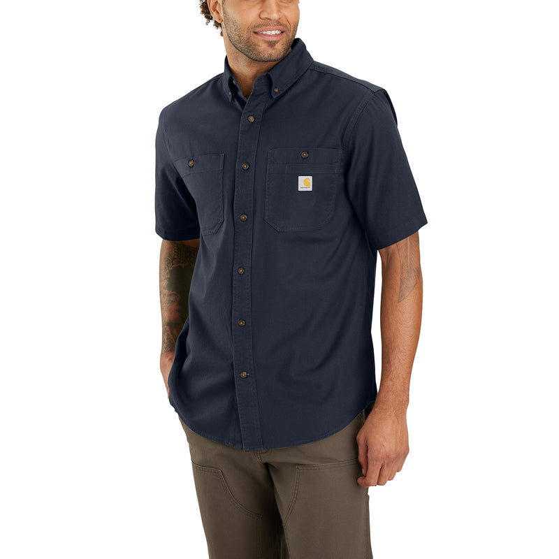 Men's navy short-sleeve button-down shirt with button front and two chest pockets