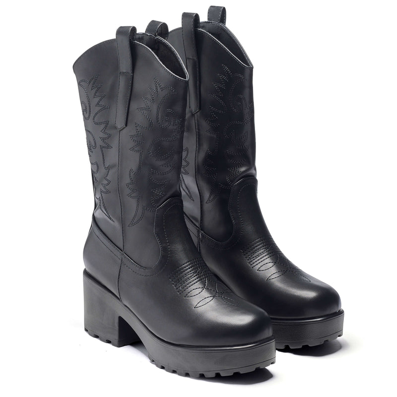 WINTU Long Chunky Western Boots - Long Boots - KOI Footwear - Black - Three-Quarter View