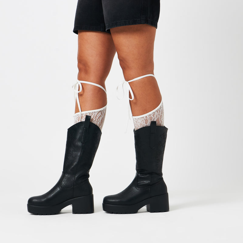 WINTU Long Chunky Western Boots - Long Boots - KOI Footwear - Black - Model Three-Quarter View