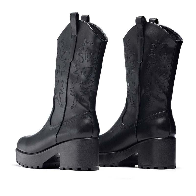 WINTU Long Chunky Western Boots - Long Boots - KOI Footwear - Black - Back View