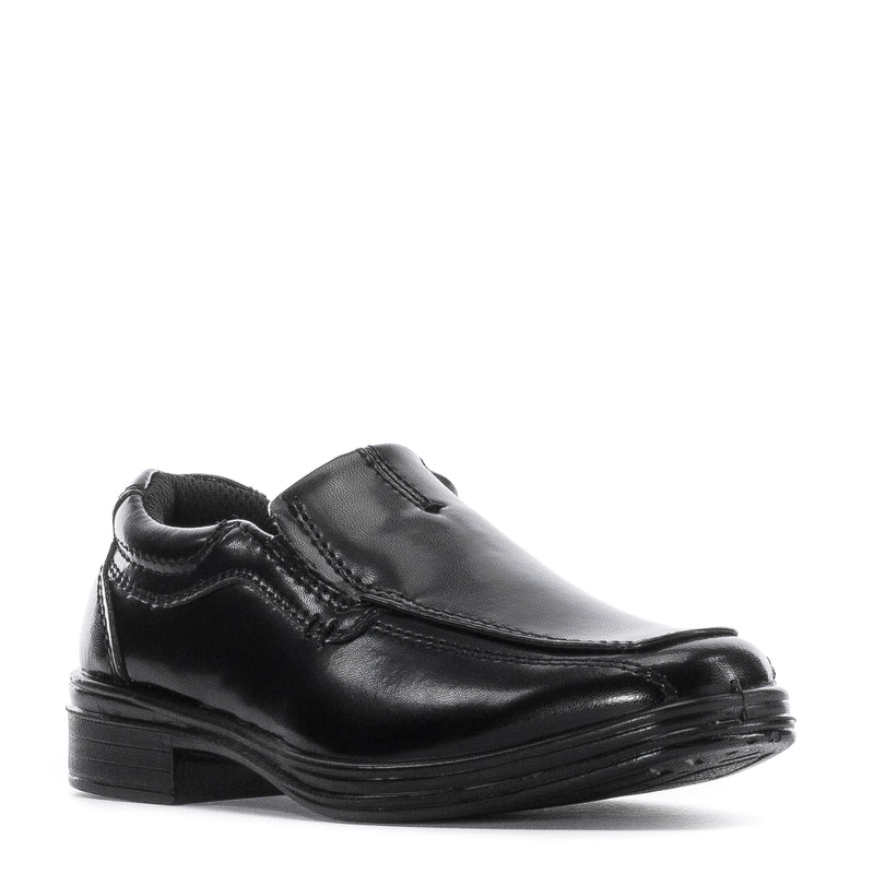 Black toddler slip-on loafer with strap detail and glossy finish