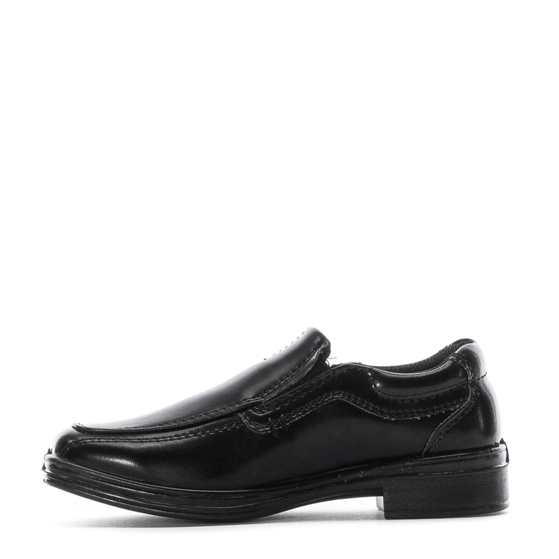 Black toddler slip-on loafer side view with padded collar