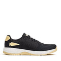 GORUCK black rucking shoe with gold accents, white sole, side profile on white background