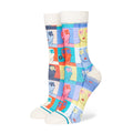 Womens crew socks with vintage white base and multicolor face-and-flower pattern