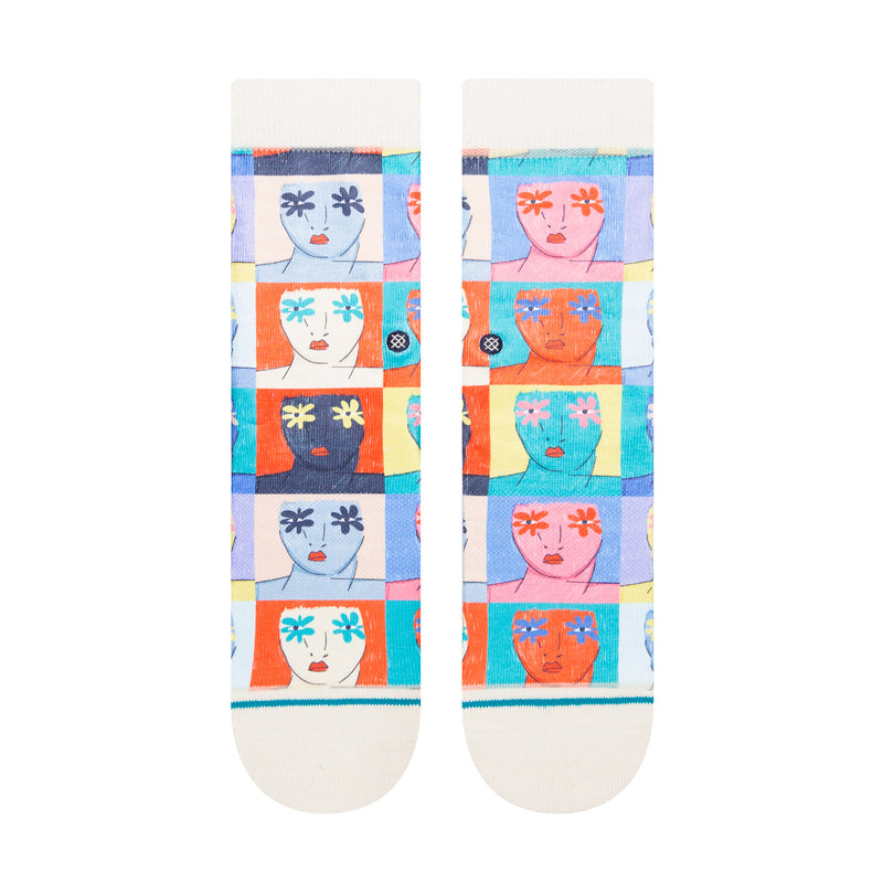 Womens crew socks, vintage white with multicolor portrait-and-flower grid design