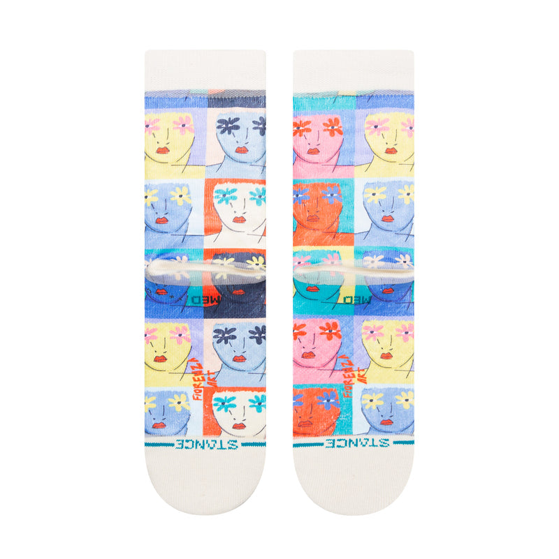 Womens crew socks with multicolor face-and-flower grid, printed logo at toe