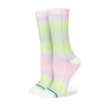 Women's crew socks in pastel ombre pink, green, and yellow with ribbed cuffs
