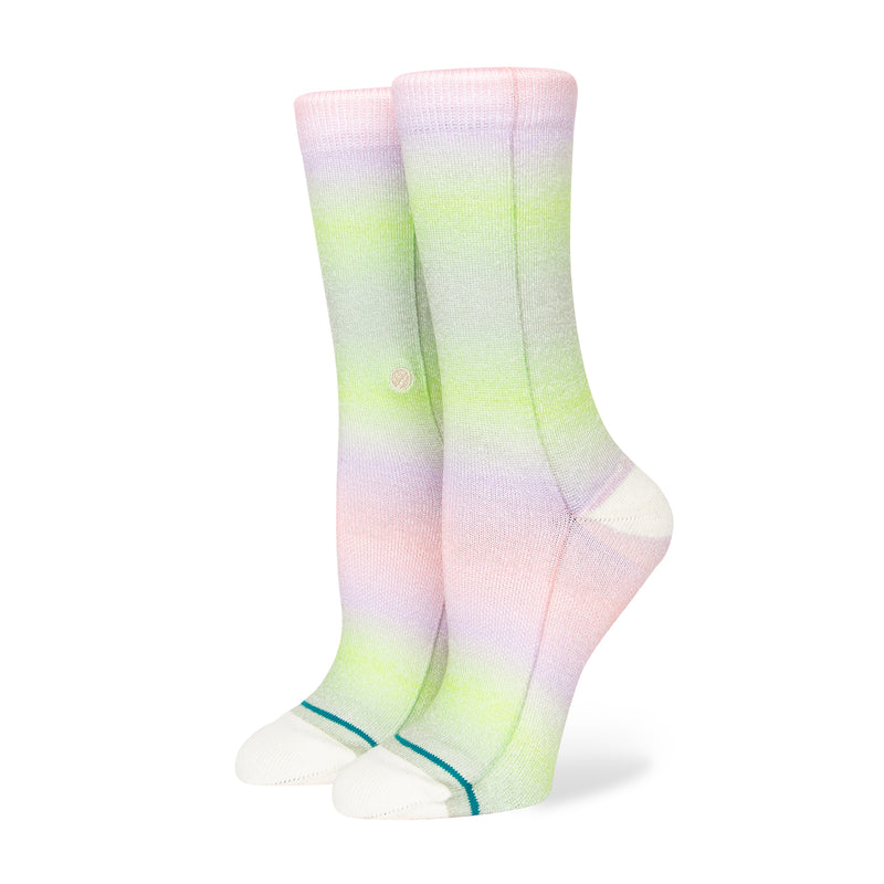 Women's crew socks in pastel ombre pink, green, and yellow with ribbed cuffs