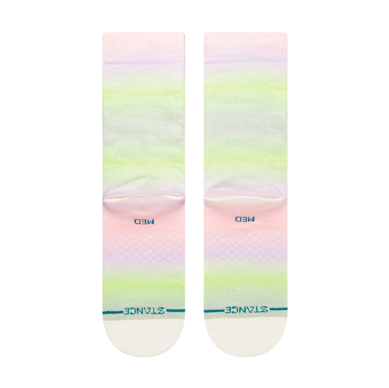 Women's pastel ombre crew socks with printed lettering at ankle and teal heel stripe