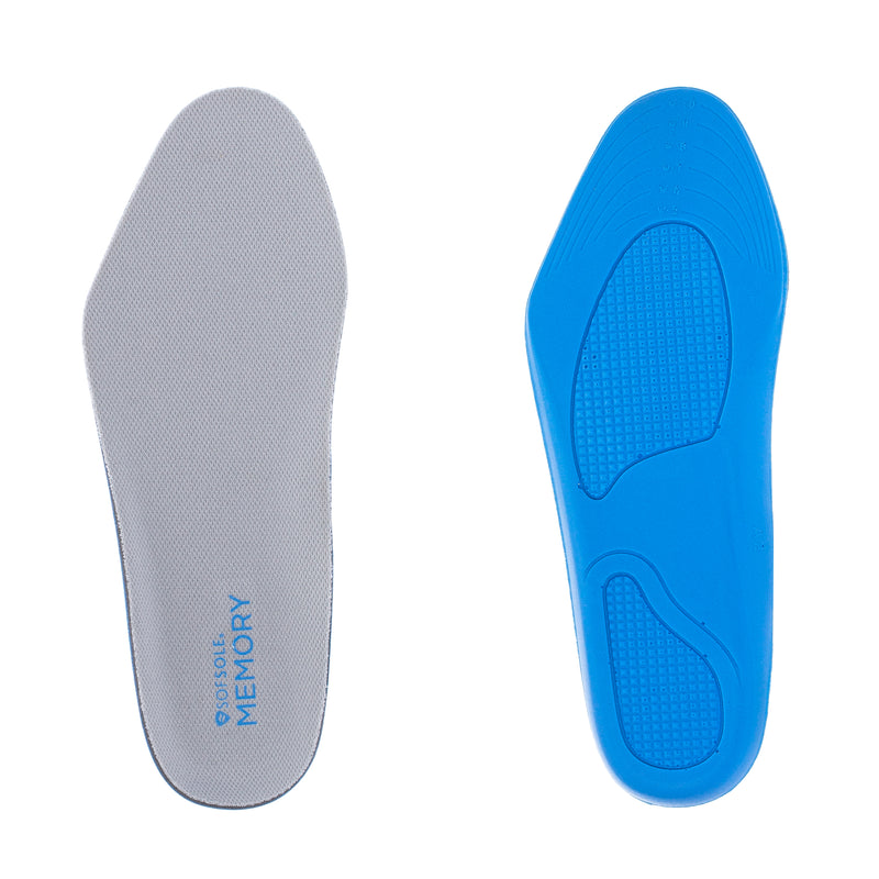Women’s memory insoles, gray and blue, textured cushioning with arch support