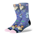 Women's Pocahontas crew socks by Estee Pradaa, indigo with character print and pink toe