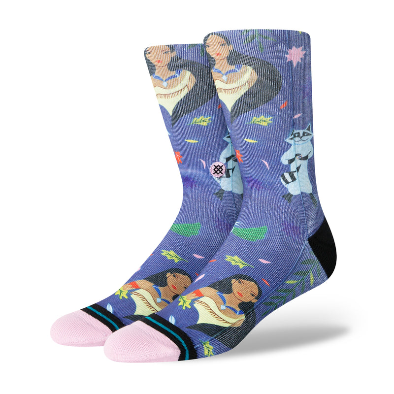 Women's Pocahontas crew socks by Estee Pradaa, indigo with character print and pink toe