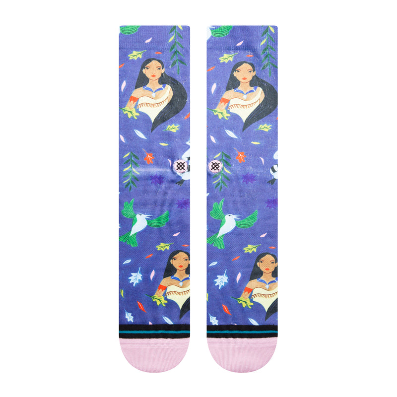 Crew socks in indigo with vertical Pocahontas print, pink cuffs and black heel stripe