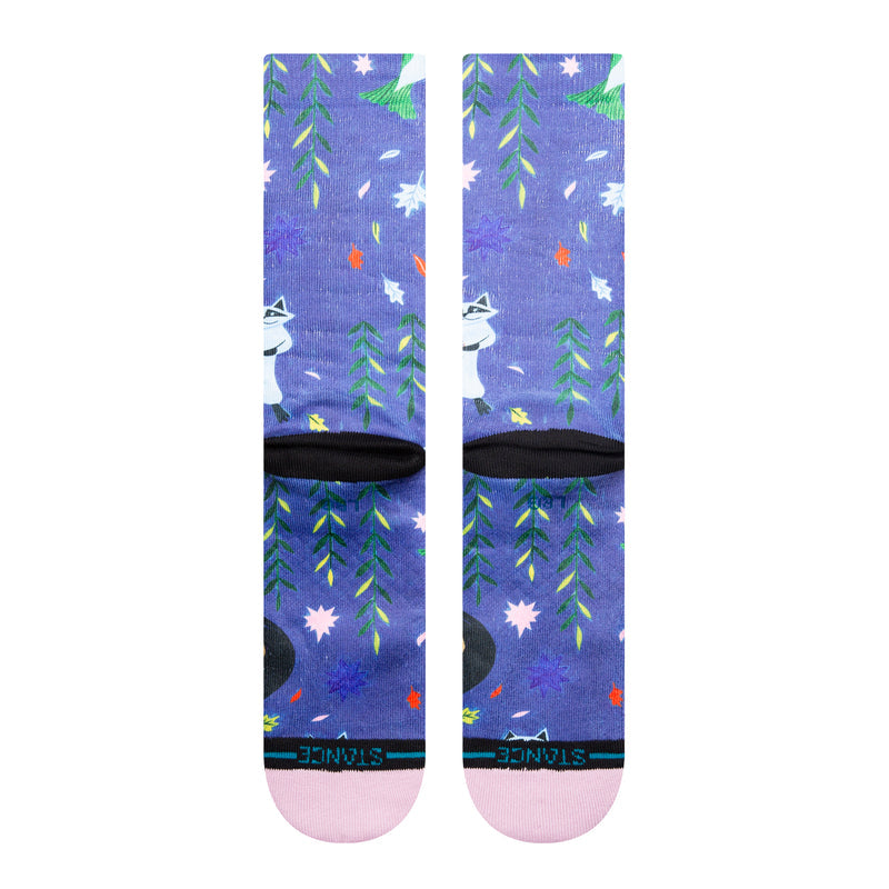 Indigo crew socks with colorful leaf pattern, black bottom band, pink toe