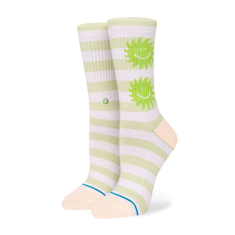 Women's crew socks, pale pink & green striped with lime smiley suns on sides