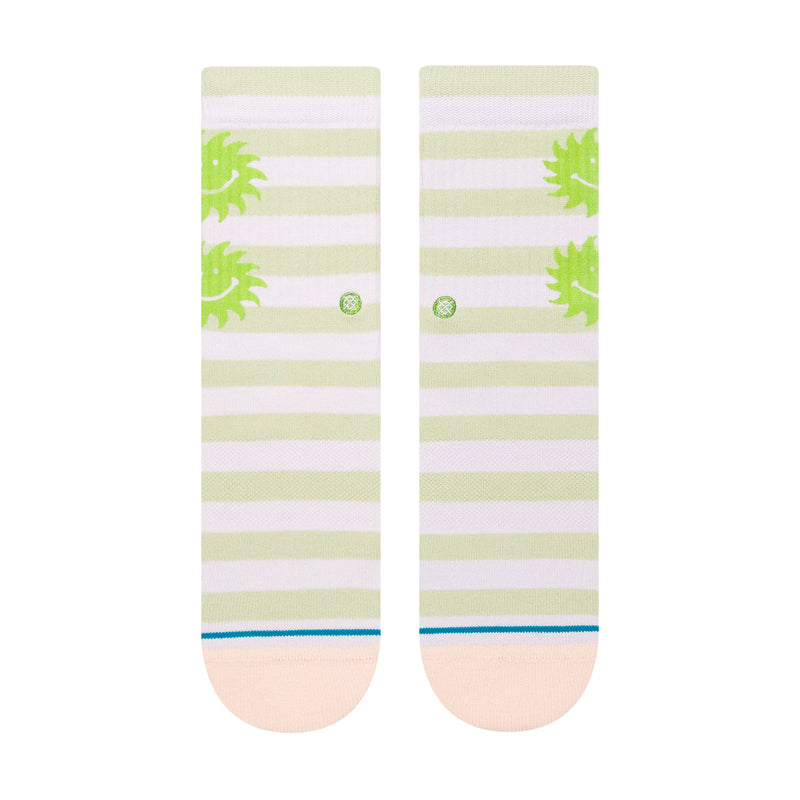 Women's crew socks, pale pink & green striped with small lime smiley sun accents