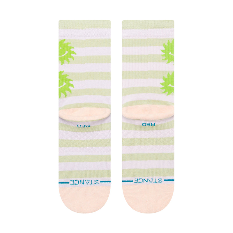 Women's crew socks, pale pink & green striped with blue text accents near heel
