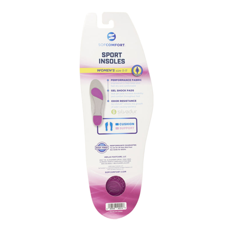 Women’s sport insoles packaging backer with product info and purple graphic