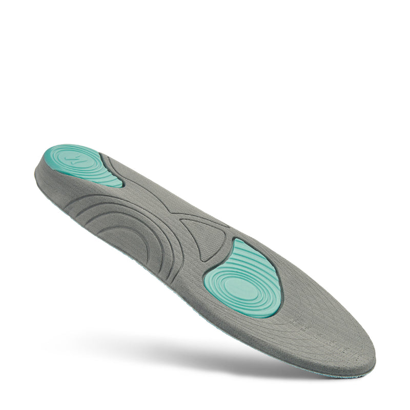 Single women’s sport insole with gray top fabric and teal comfort insert detail