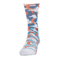 Women's crew socks with blue and orange bird pattern, ribbed ankle cuffs